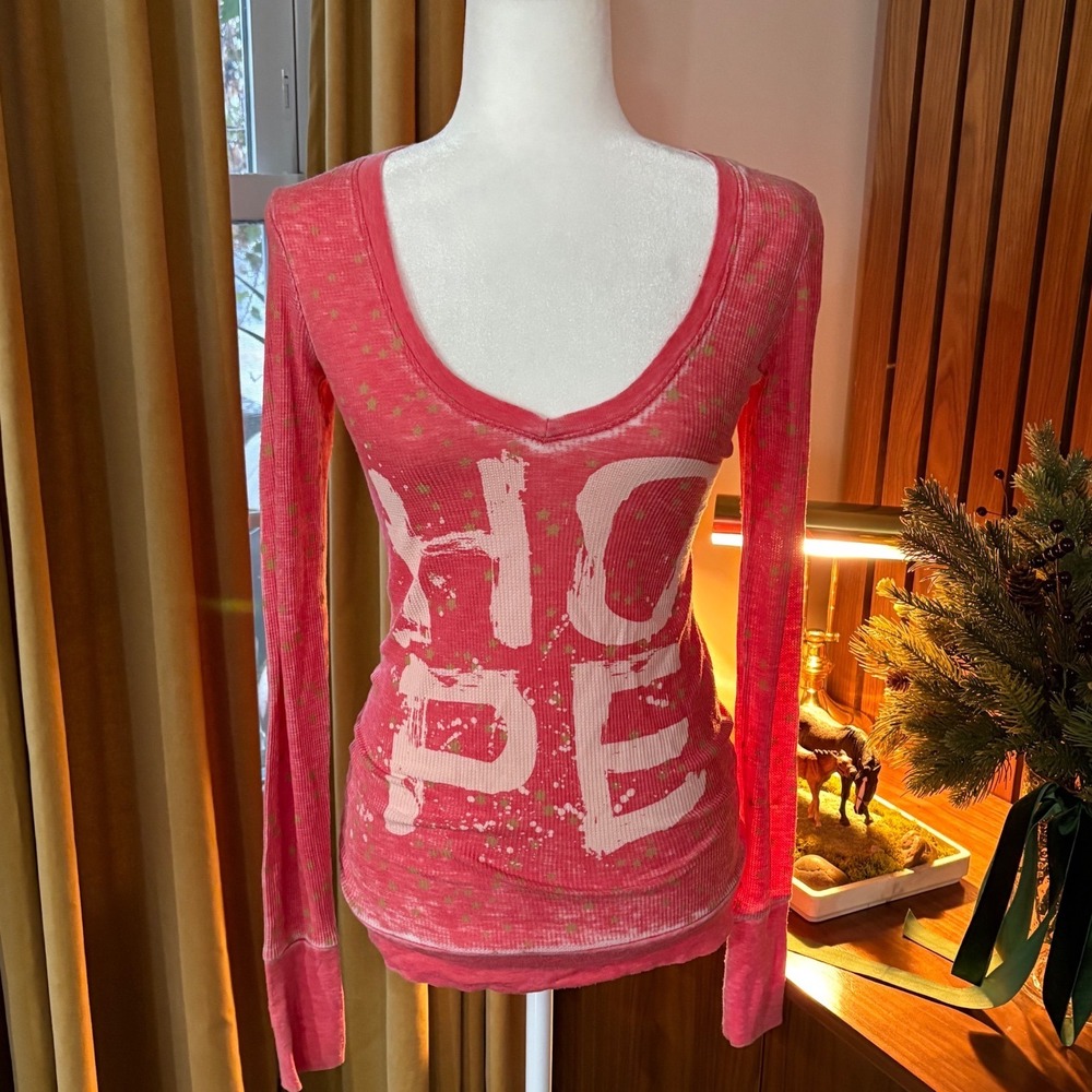 00s Peace Generation Pink Hope Graphic Star Print Thermal Waffle Knit Top M